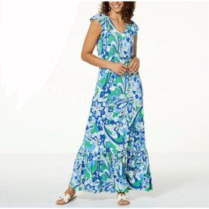 IMAN Global Chic Drapey Knit Tiered Maxi Dress Blue Green Floral Sz S Boho NWT